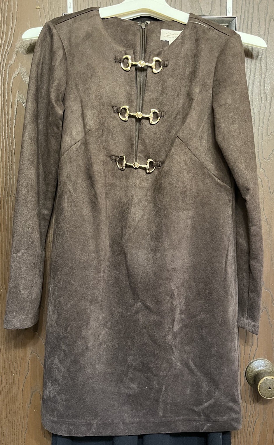Adrianna Papell Brown Solid Microsuede Shift Dress Long Sleeve Zip Size 2
