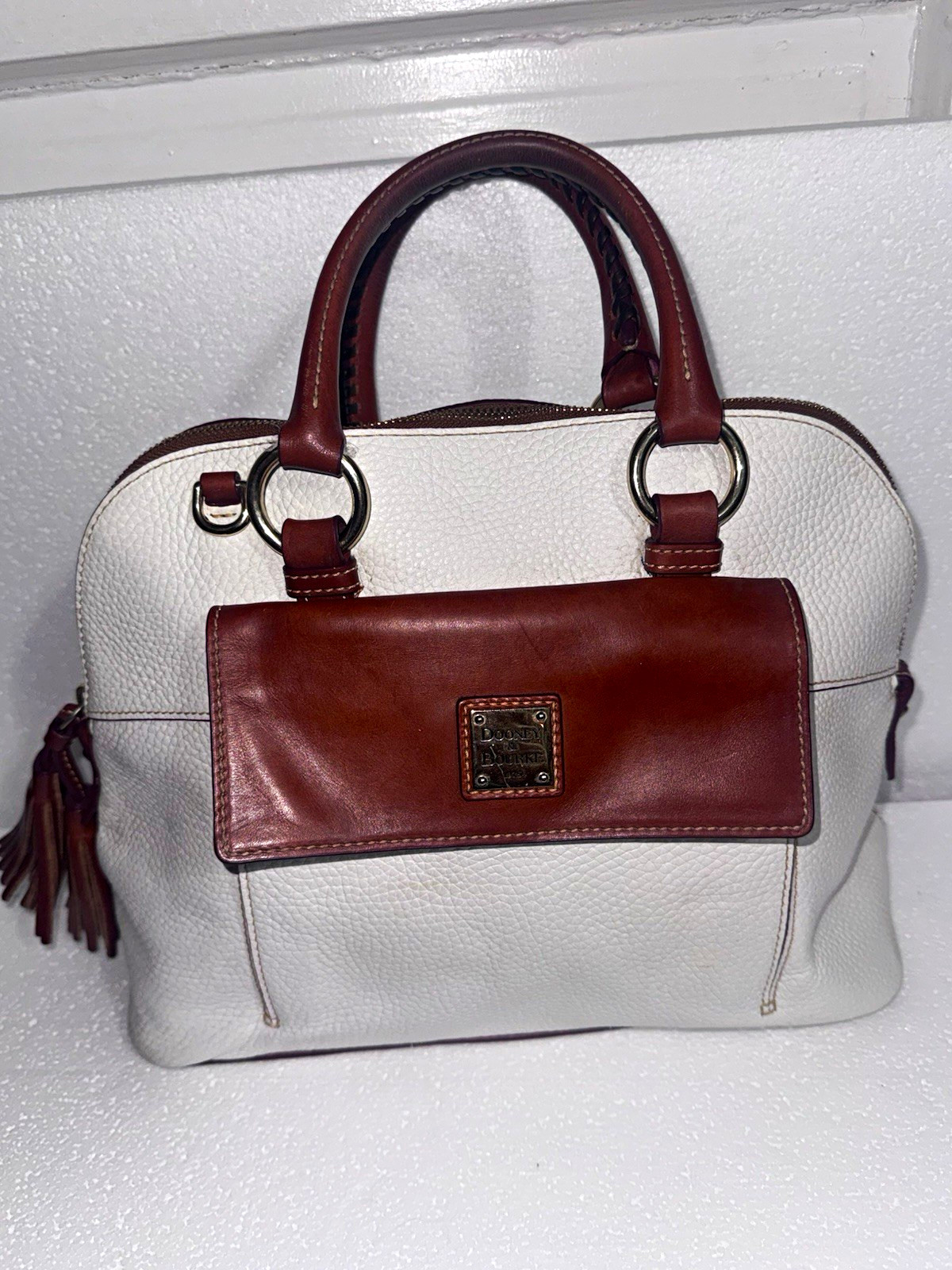 Dooney & Bourke White/Brown Leather Top Handle Zip Bag Red interior