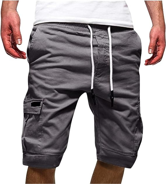 Men Casual Chino Cargo Shorts Elastic Waist Drawstring 6 Pockets Summer Trousers