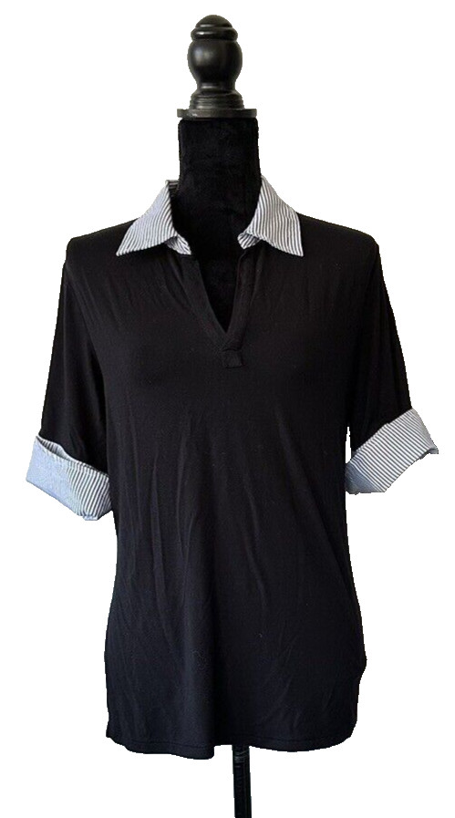 Lady’s Knit Top, Striped Trim Collar/Sleeves, Pearl Button Closure at Cuffs, XL