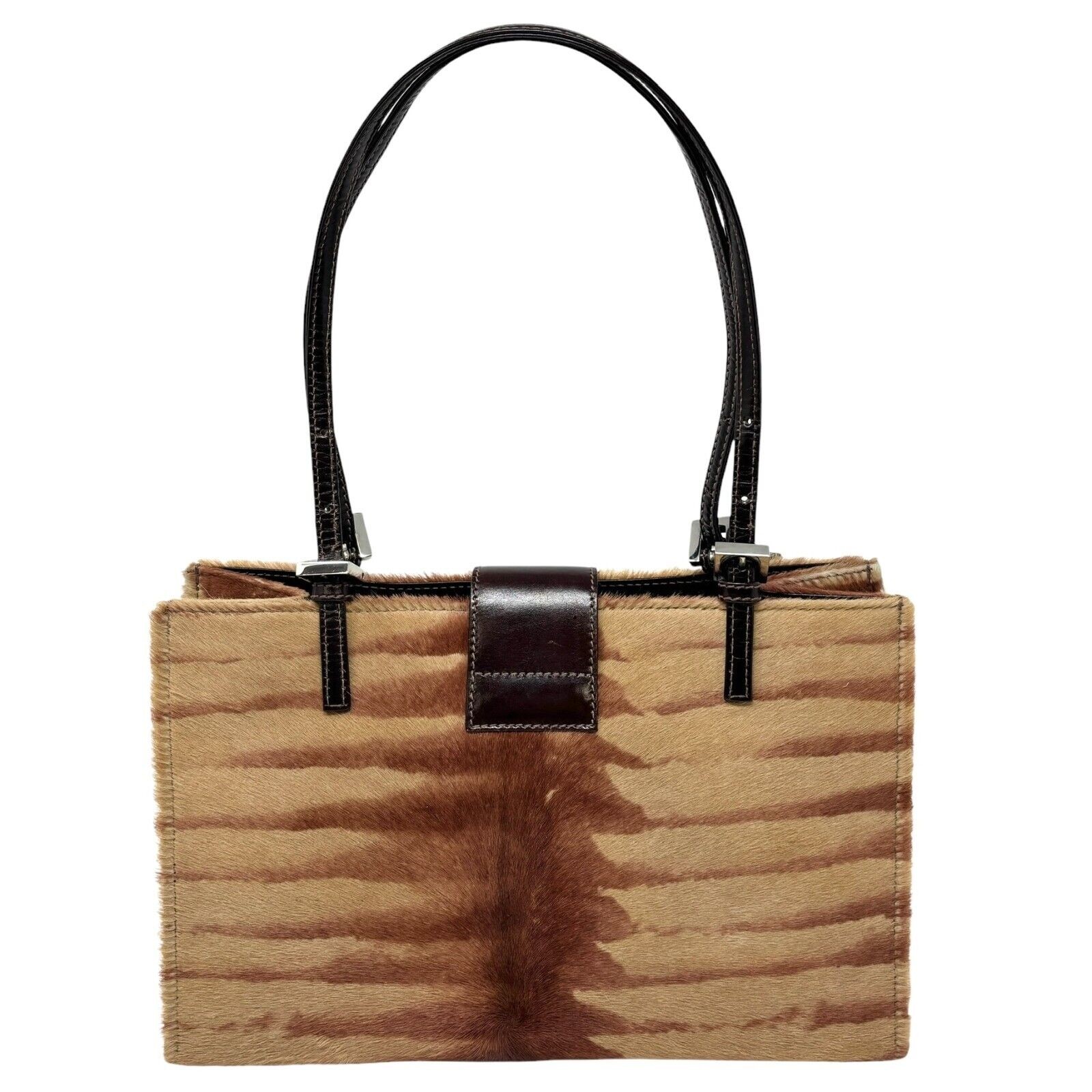 FENDI Vintage FF Logo Shoulder Bag Tote Bag Brown Silver Calf Hair Leather