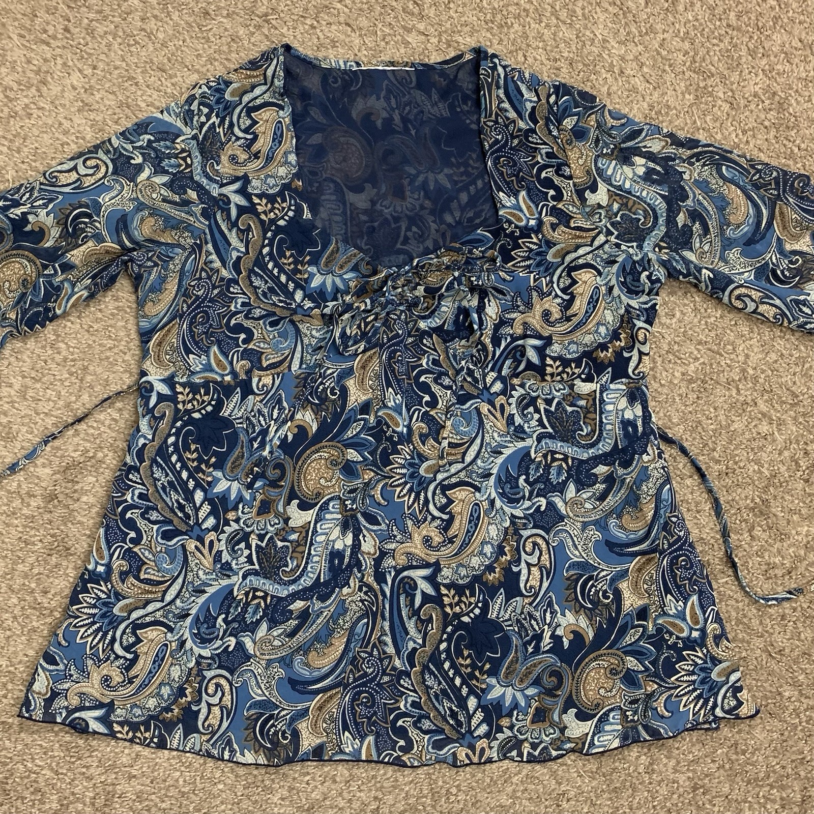 Vintage Y2K Top Womens Medium Blue Paisley Print Sheer Babydoll Feminine Blouse
