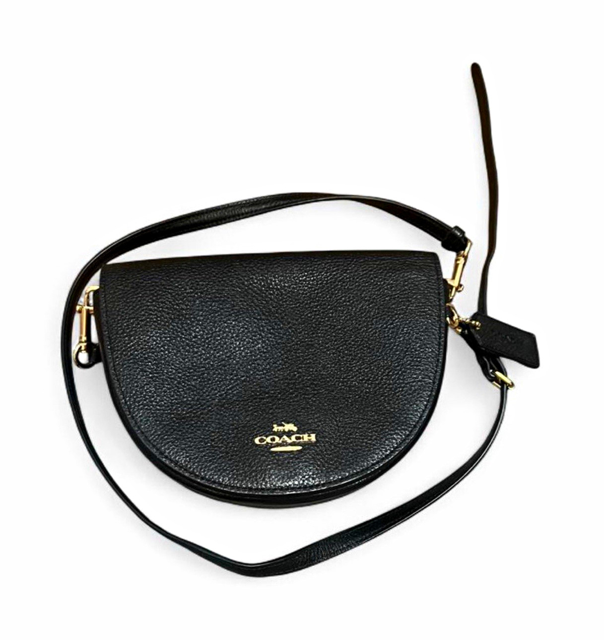 Coach Half Moon Crossbody Bag Black Pebbled Gold Hardware Snap Detachable Strap
