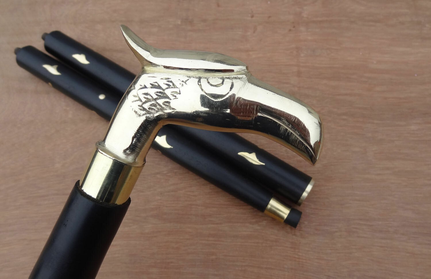 Vintage Brass Designer Chrome falcon Head Handle Wooden Walking Stick Antique