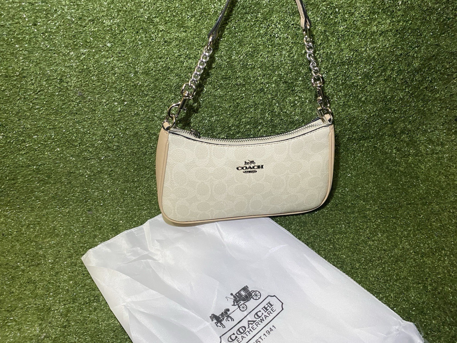 Coach Signature Beige Small Zip Shoulder Bag Chain Strap Silver Hardware