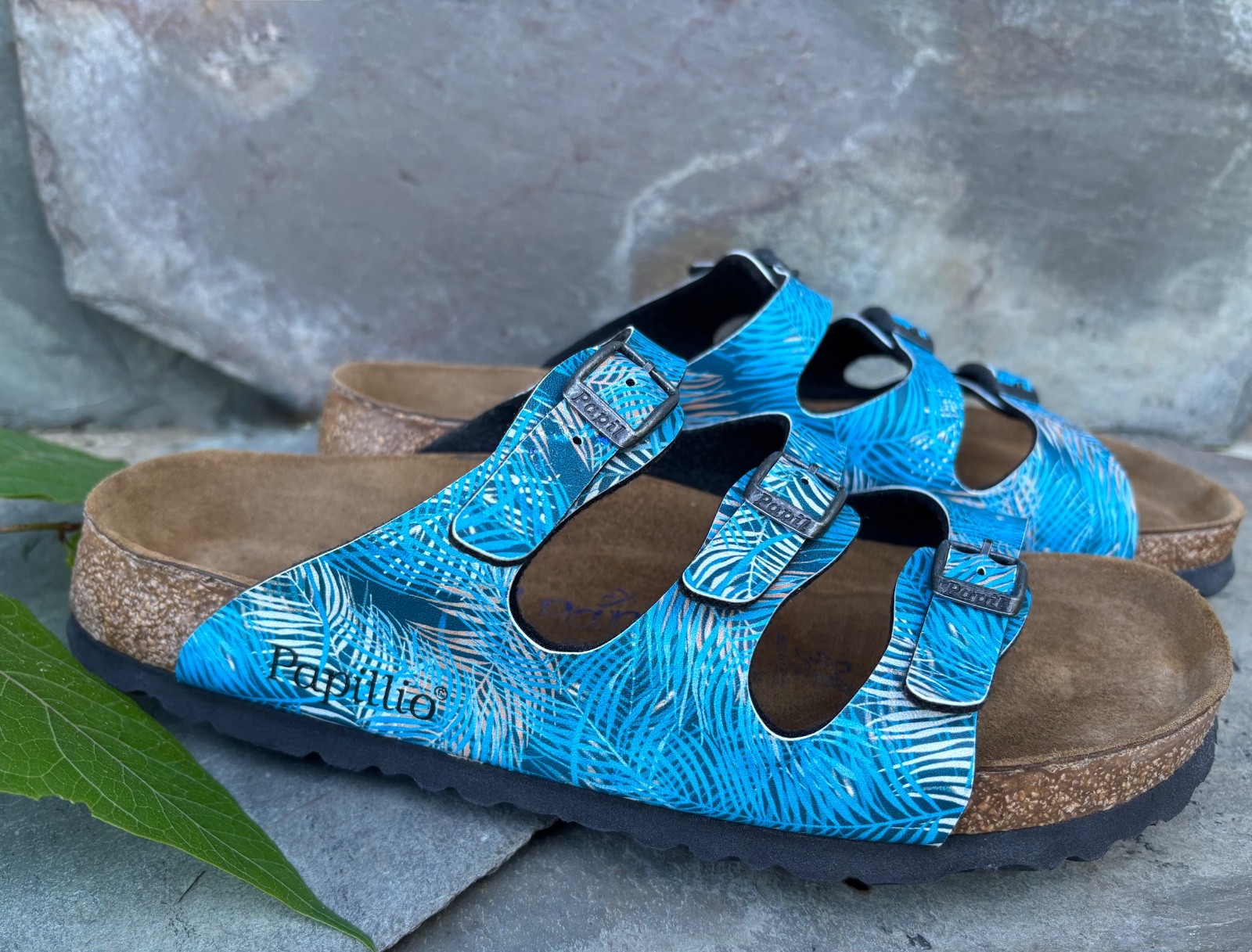 PAPILLIO x Birkenstock ‘Florida’ (39/8) Tropical Leaf Blue Birko-Flor Sandals