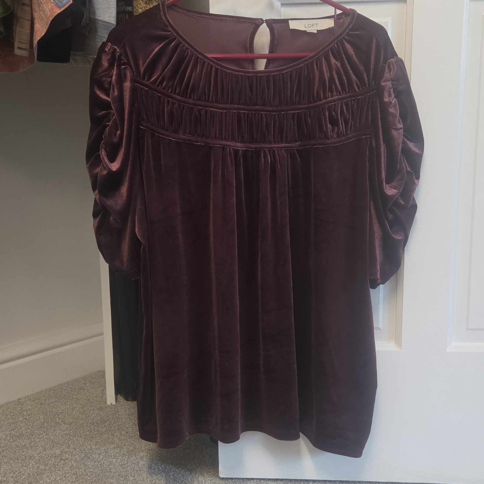 LOFT Rich Royal Purple Velvet Blouse Ruched Cinched Sleeve – Size XXL