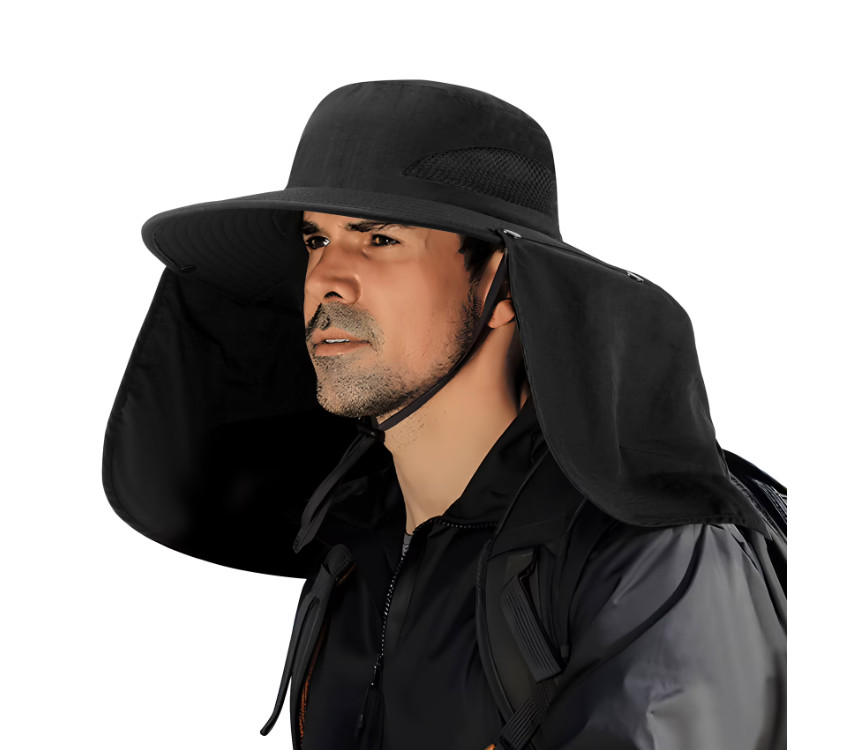 Nylon Fishing Hat UPF 50+ Wide Brim Sun Hat with Neck Flap Grey
