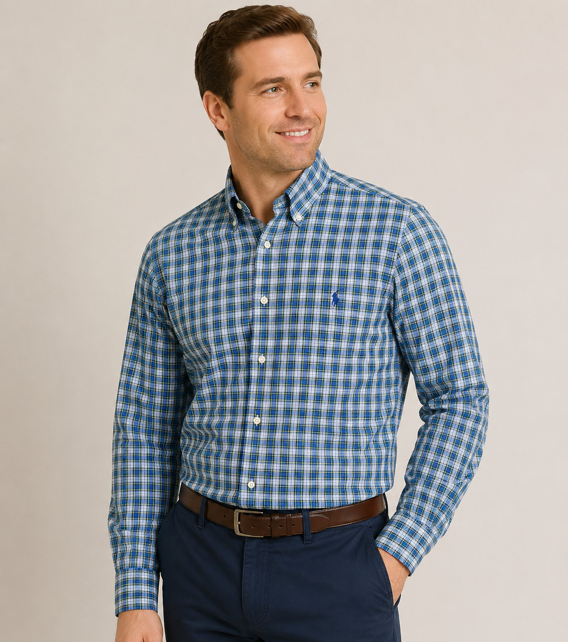Ralph Lauren Mens Dress Shirt Button Down Blue Green Plaid Size 15.5 – 39 | M