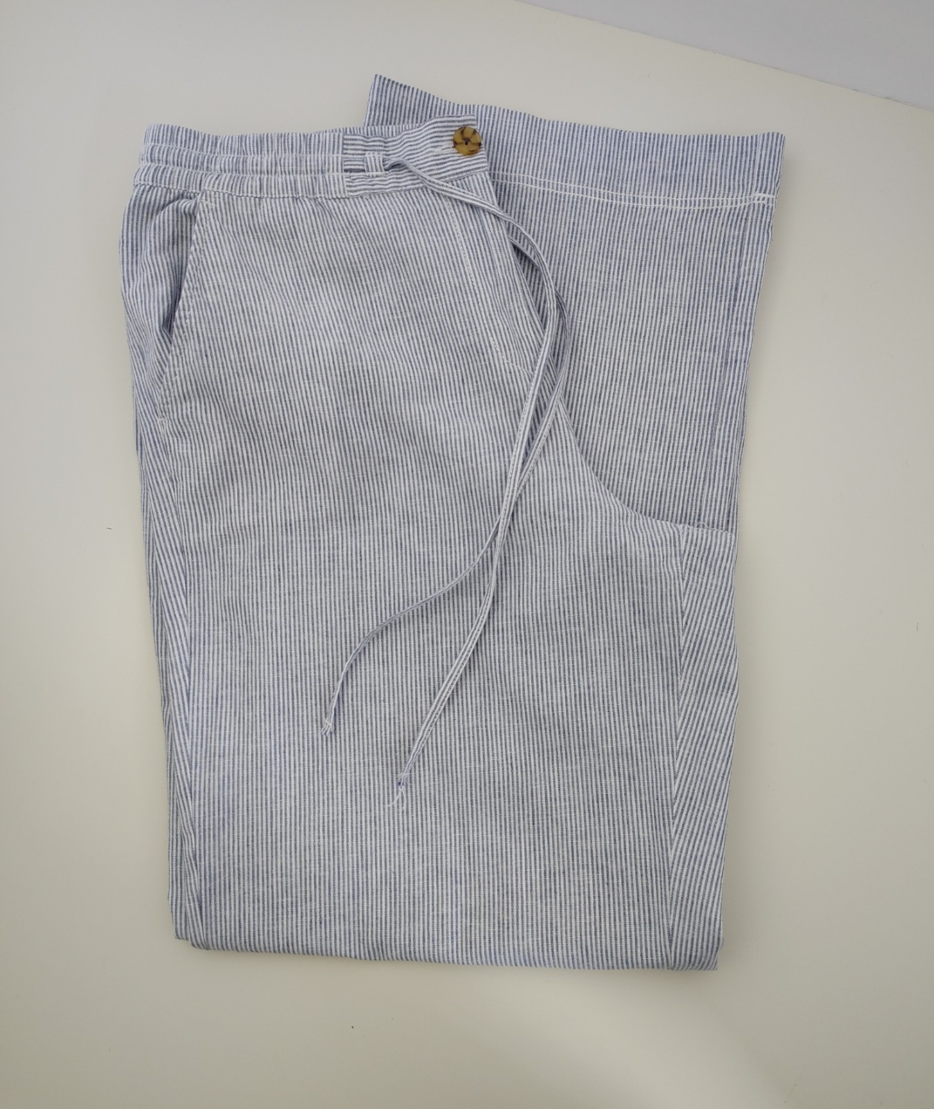 Talbots Striped Wide Leg Pants Size 14 Linen Cotton Drawstring Casual Summer