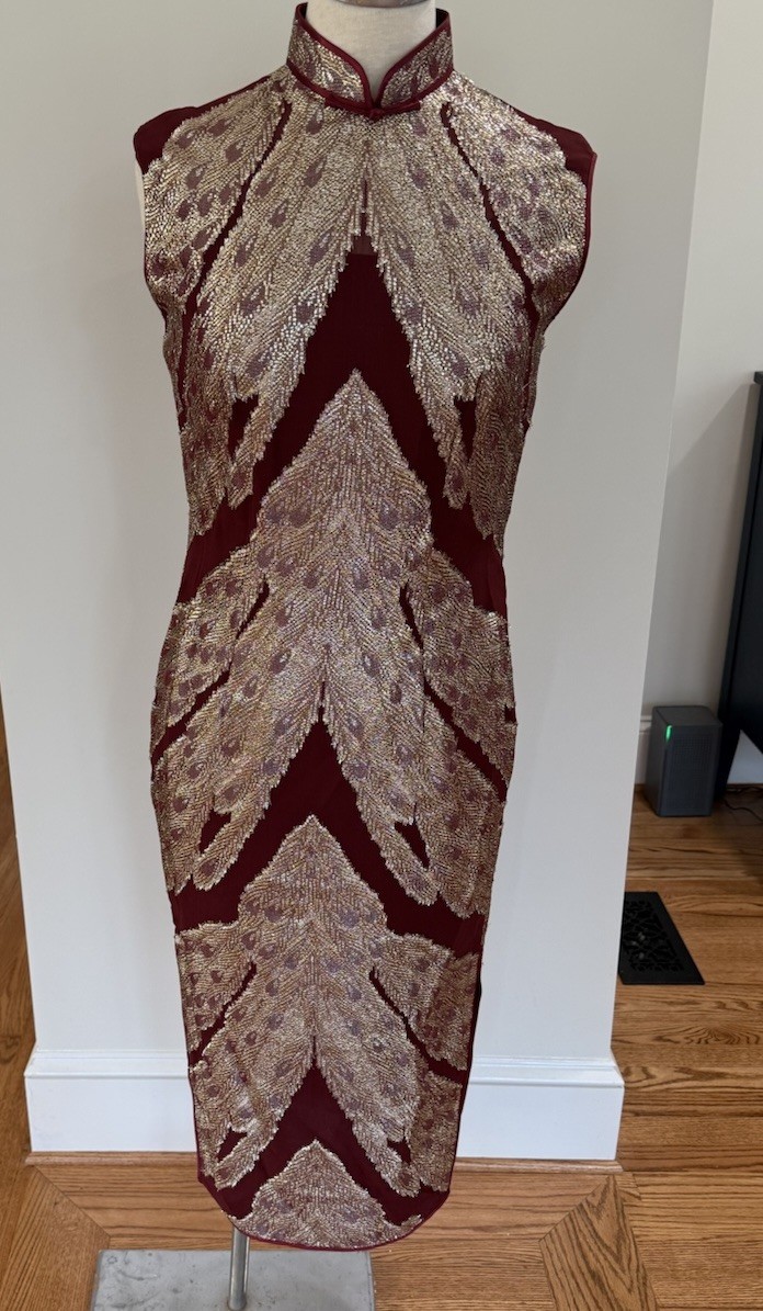 Vintage 1960s Burgundy Cheongsam Dress-Handmade-gold Leaf Sz S Side Slit Asian