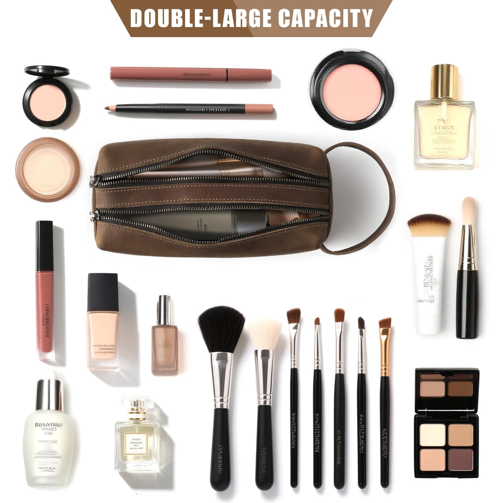 Ringsun Genuine Leather Makeup Bag, Portable 7.8in x 3in x 2.6in, Coffee