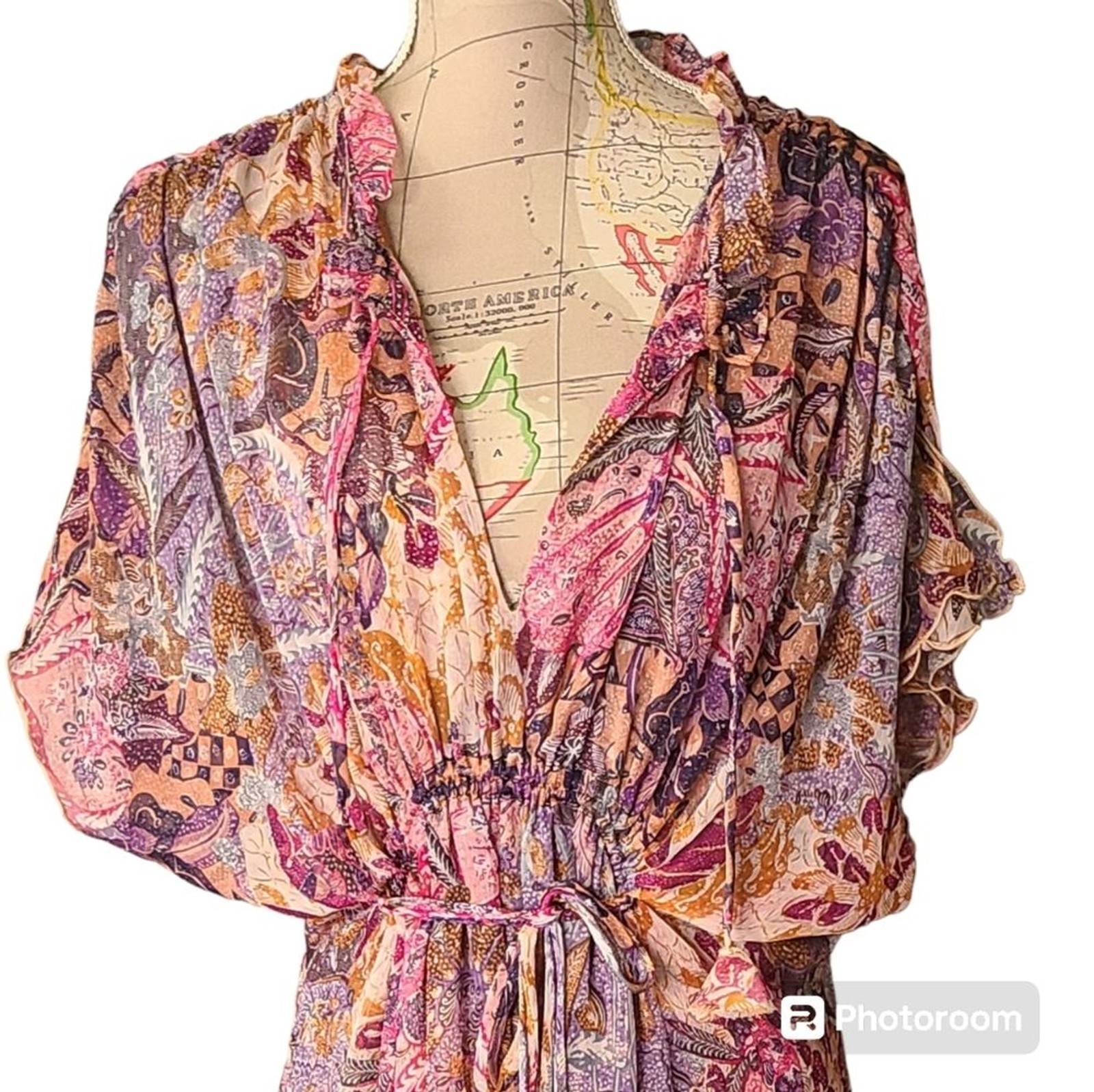 MISA Los Angeles Size Large Ilya Boho Pink Batik Sheer Short Sleeve Midi Dress