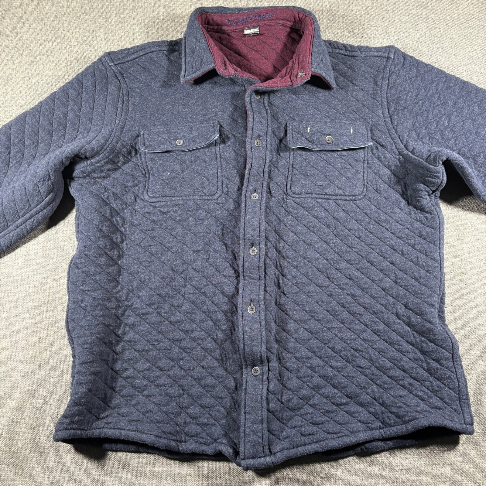Tailor Vintage Quilted Shirt Jacket Women Large Navy Blue Button Front Shacket