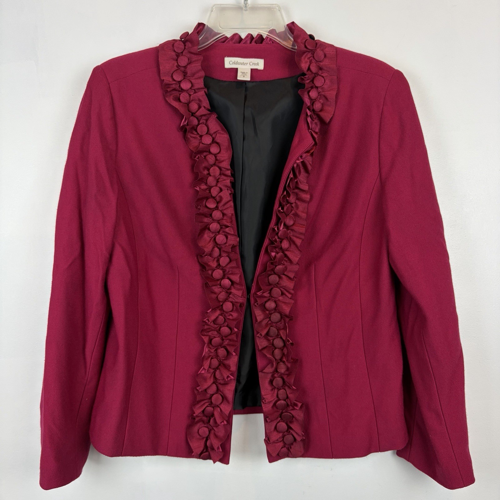 Coldwater Creek Blazer Womens 8 Red Ribbon Ruffle Jacket Feminine Office Career