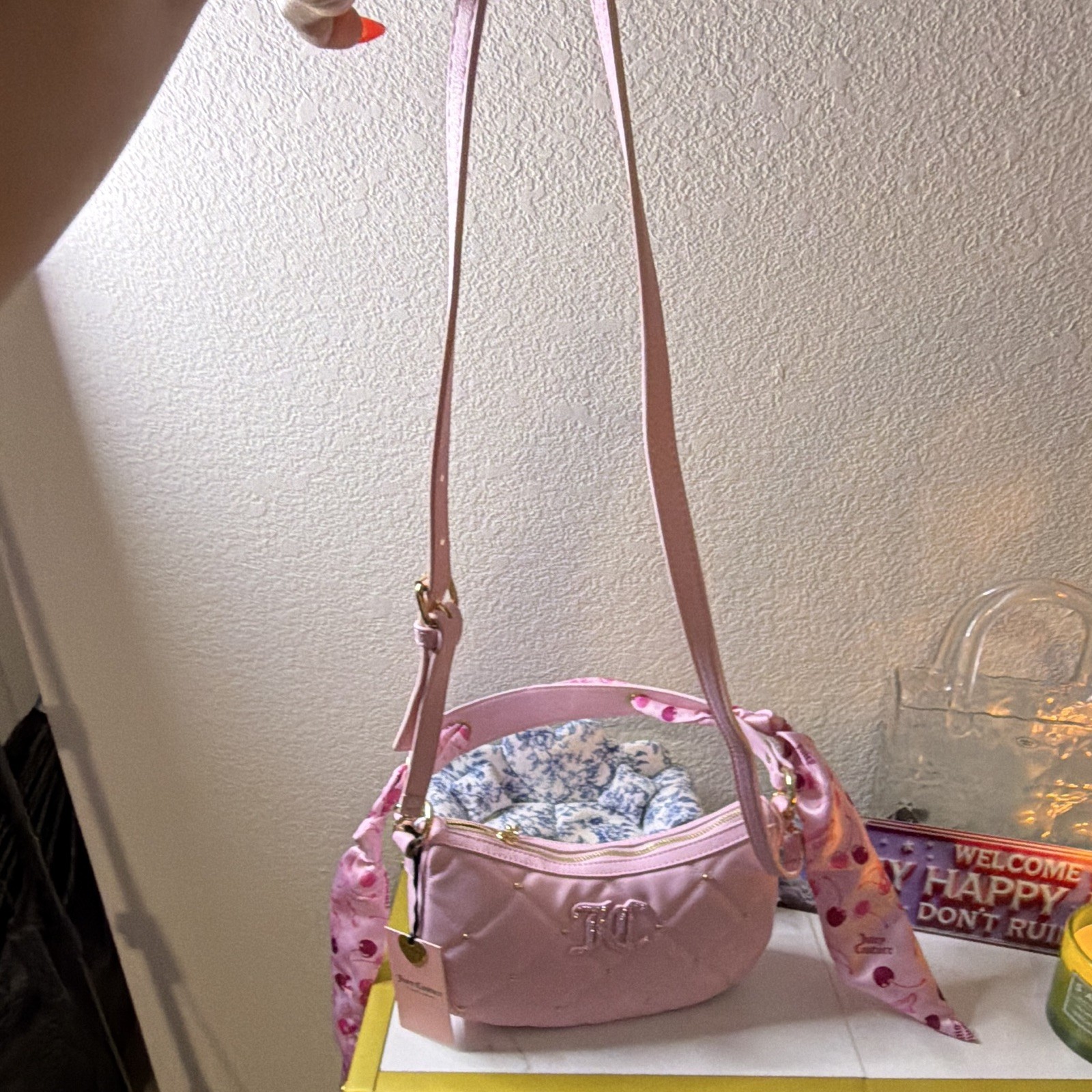 Juicy Couture Pink Crescent Shoulder Bag Quilted Logo Zip Gold HW Heart Charm