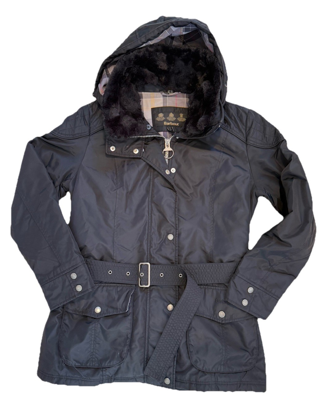 Barbour Outlaw Waterproof Breathable Jacket Black Women’s Faux Fur Trim UK 16