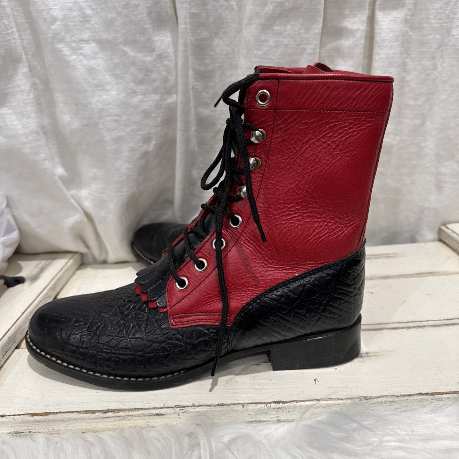 Red black Leather Boots Cowgirl Womens Sz 7B Granny Grunge Gothic Punk saloon