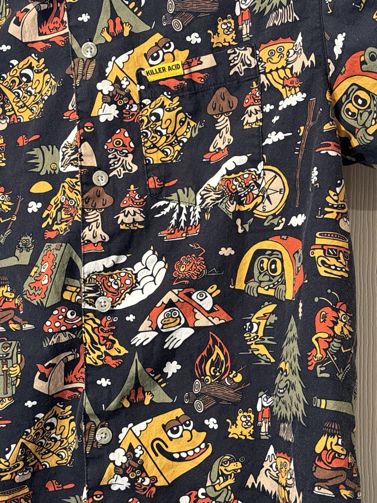 Killer Acid No Bad Trips Print Camp Shirt Button Up Mens Sz Small Mushrooms