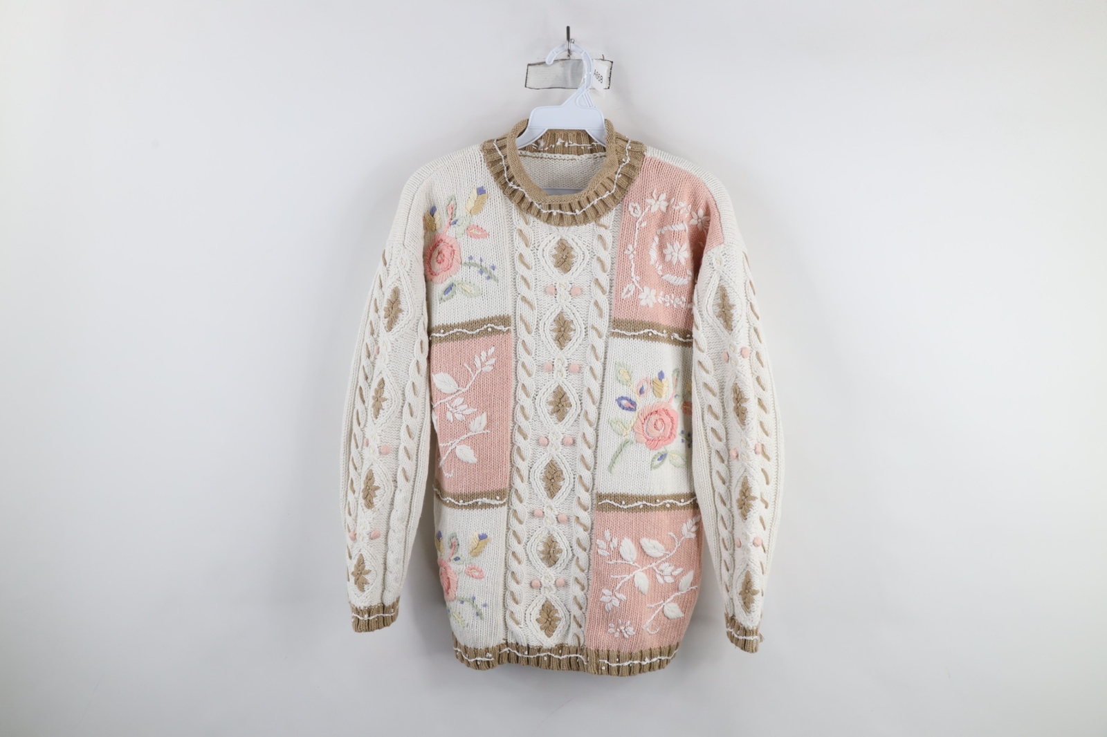Vtg 90s Streetwear Womens M Embroidered Flower Marled Knit Mock Neck Sweater