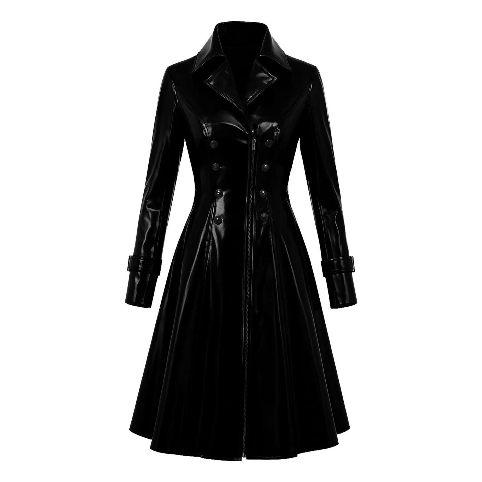 Women’s Gothic Black PVC Faux Leather Trench Coat Dress Steampunk Overcoat