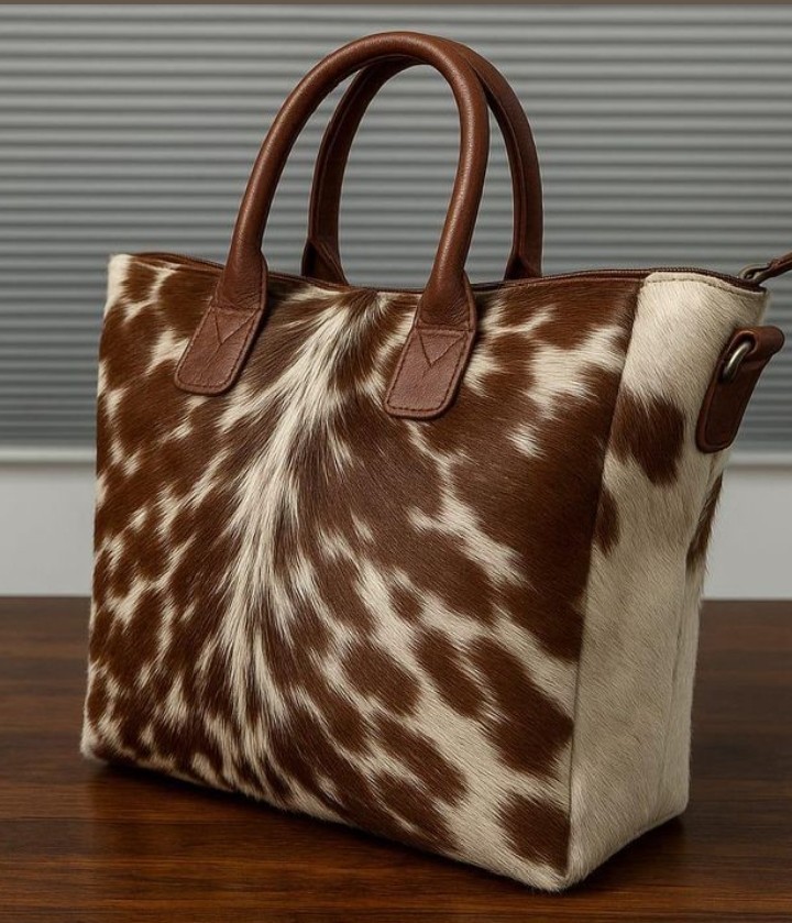 Genuine Cowhide Leather Tote Bag Hair-On Brown White Shoulder Handbag Western