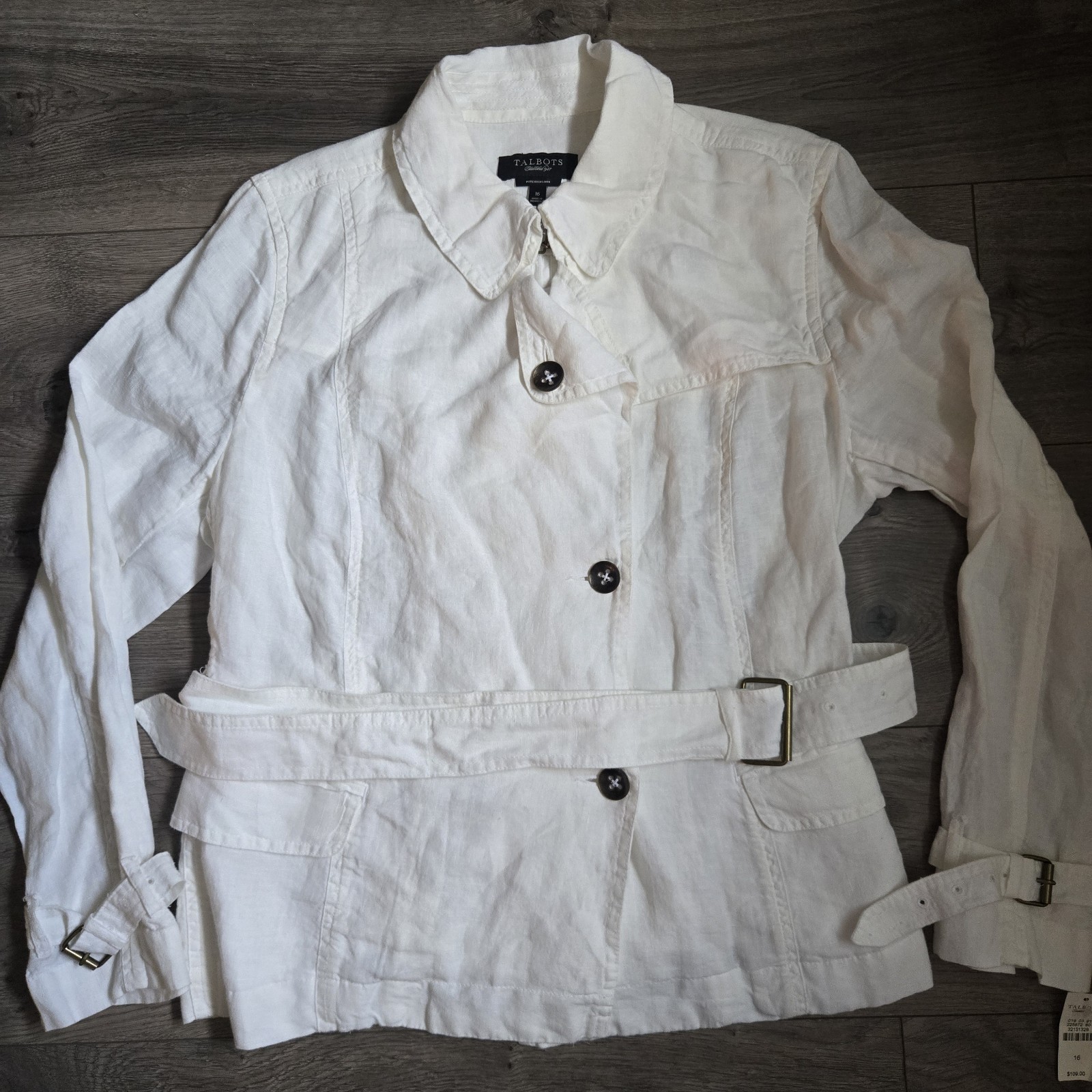 NWT Talbots 100% Pure Irish Linen Trench Jacket White Belted Safari Utility 16