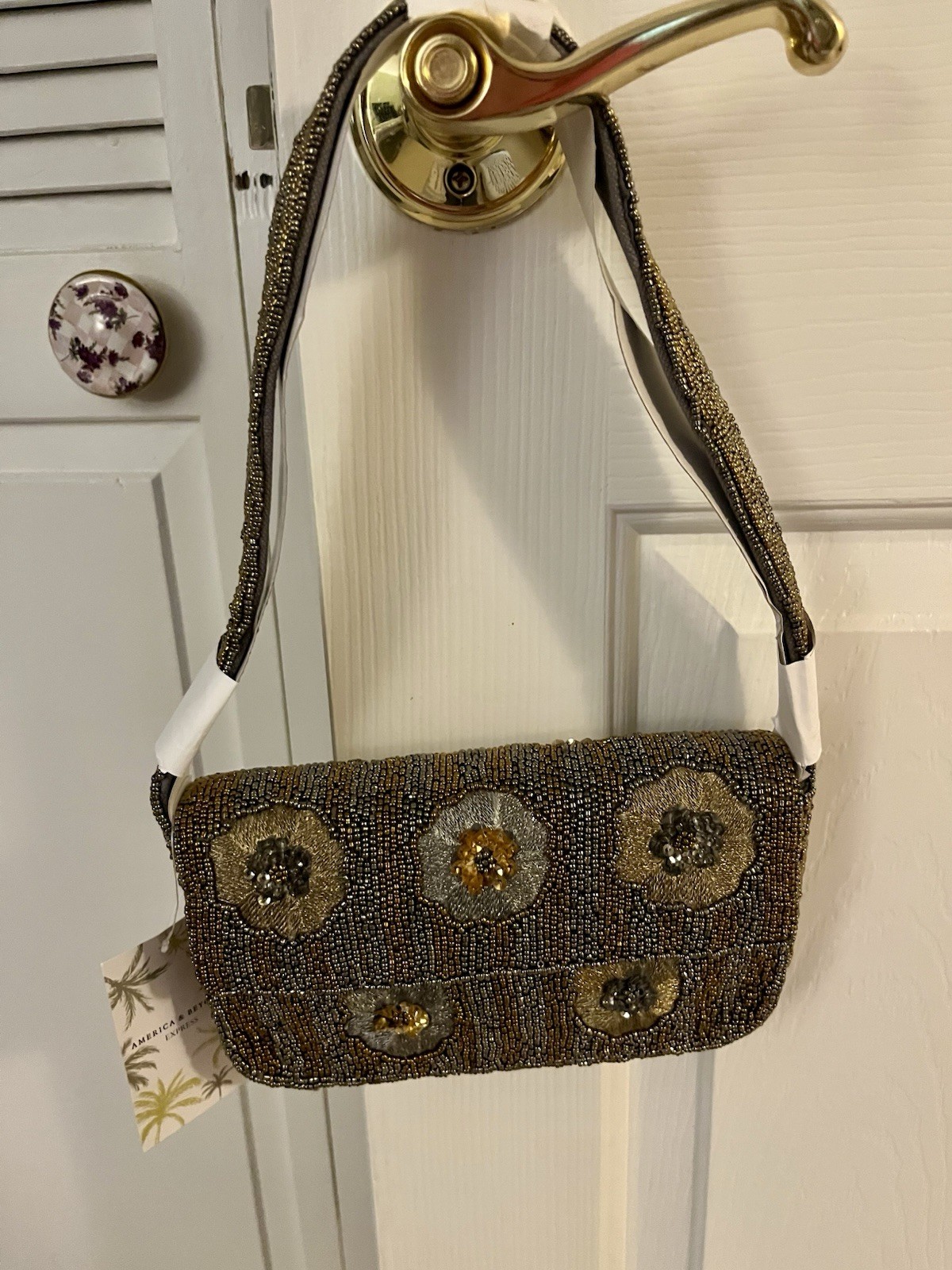 America & Beyond Beaded Floral Shoulder Bag, Gold/Silver, White Strap