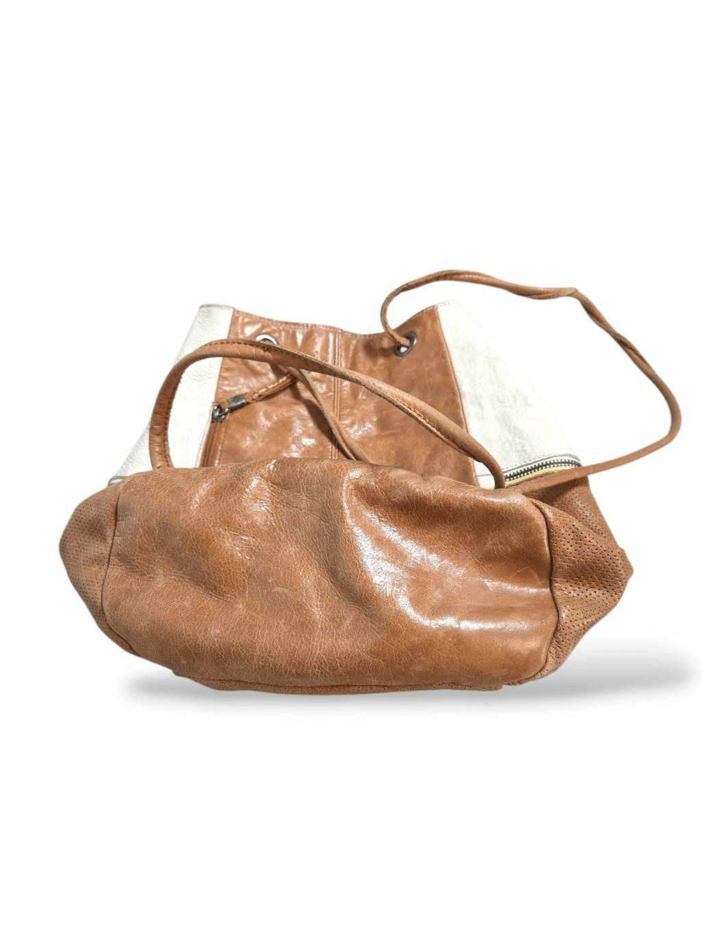 The Sak Leather Drawstring Backpack Bucket Bag Cognac Brown White Mixed Texture