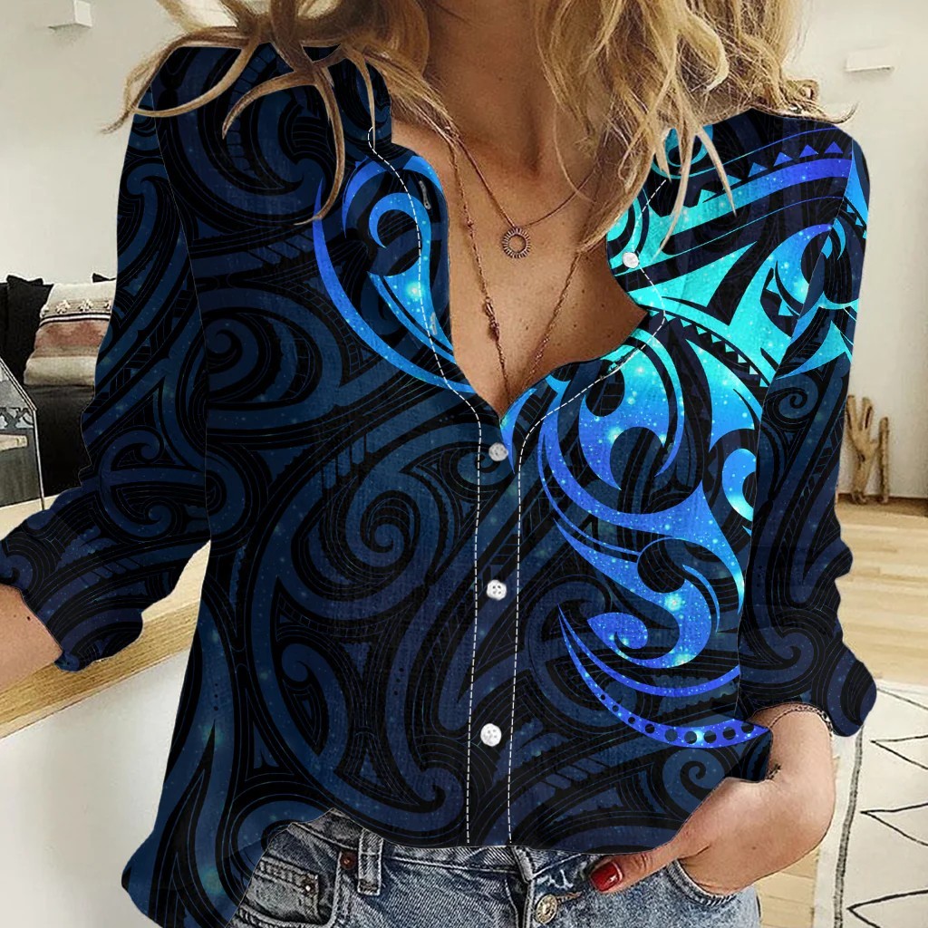 Maori Matariki Galaxy Tribal Women Shirt Button Down Boho New Year Gift