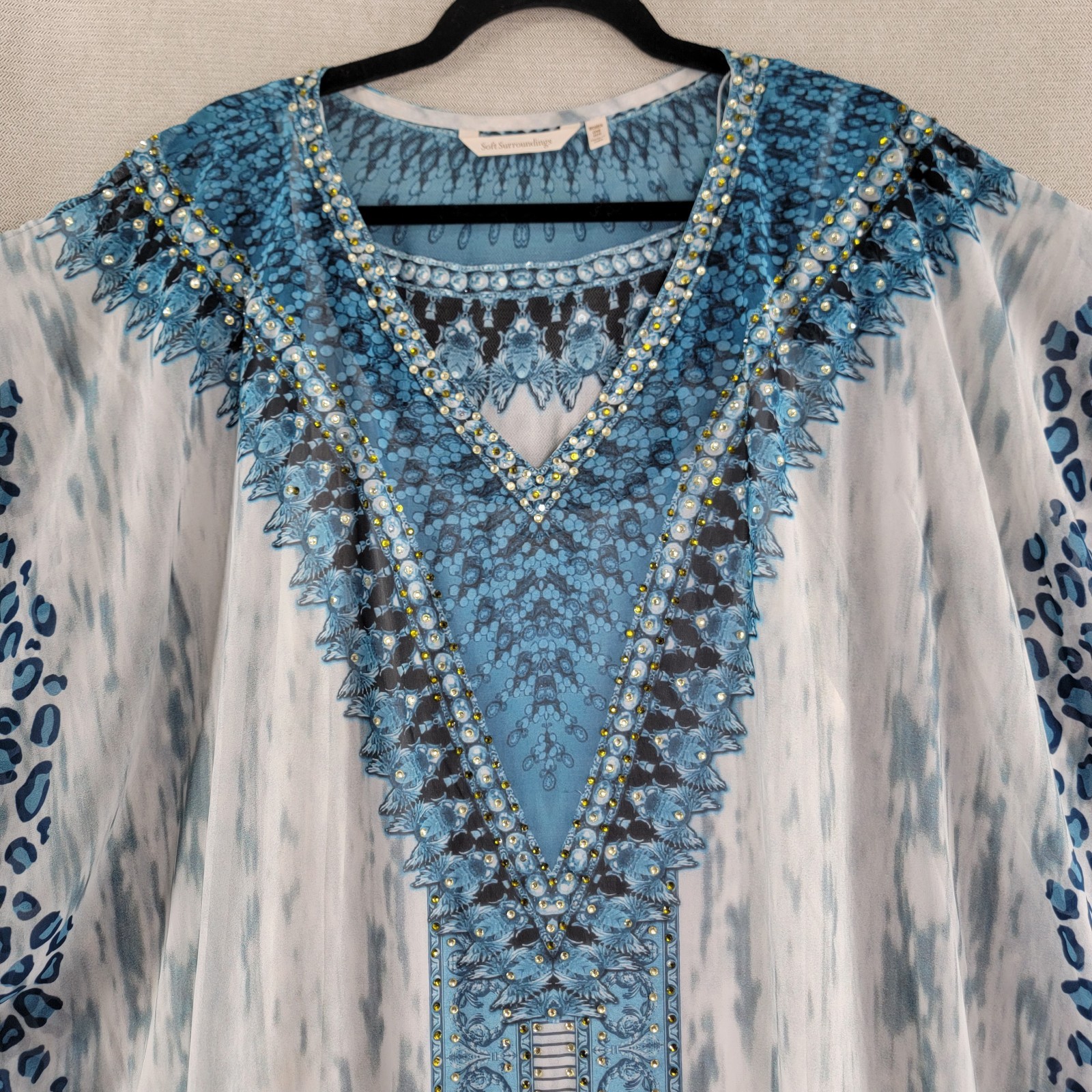 Soft Surroundings Womens Dress Beaded Chiffon Maxi Kaftan One Size Blue Boho
