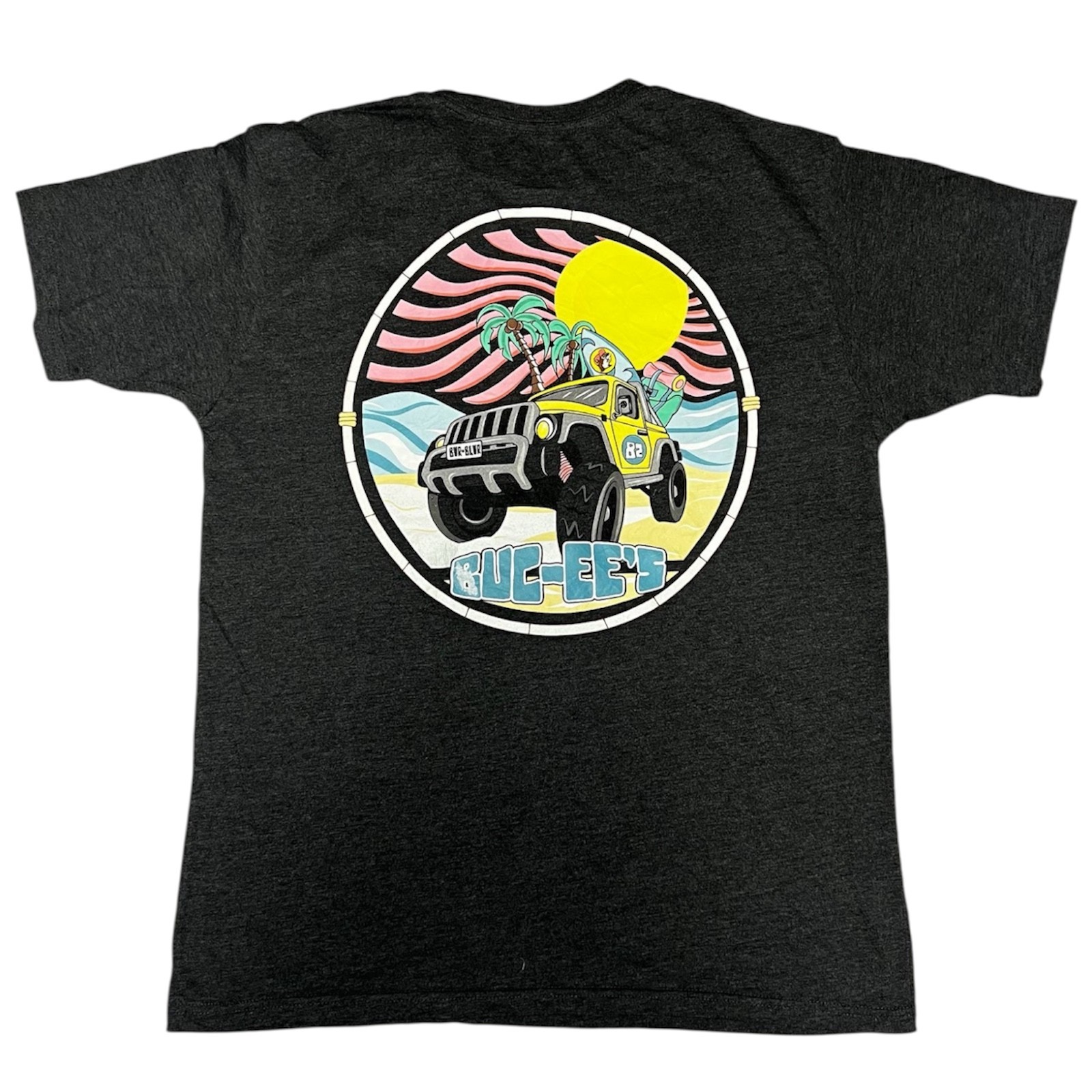 Buc-ee’s Mens L Gray Jeep Beach Surfboard Graphic T-Shirt