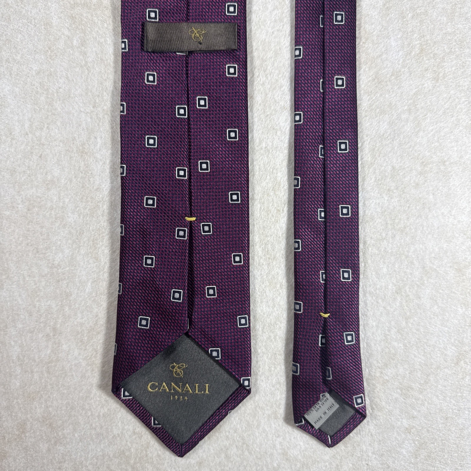 Canali 1934 Necktie, 100% Silk, Made in Italy, Geometric Burgundy Navy Blue 58″