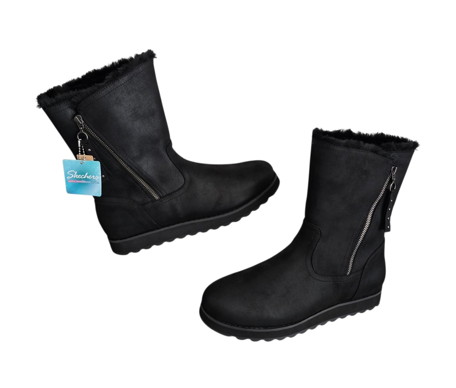 Skechers Keepsake Boots Womens Size 11 Black Faux Leather Faux Fur Side Zip