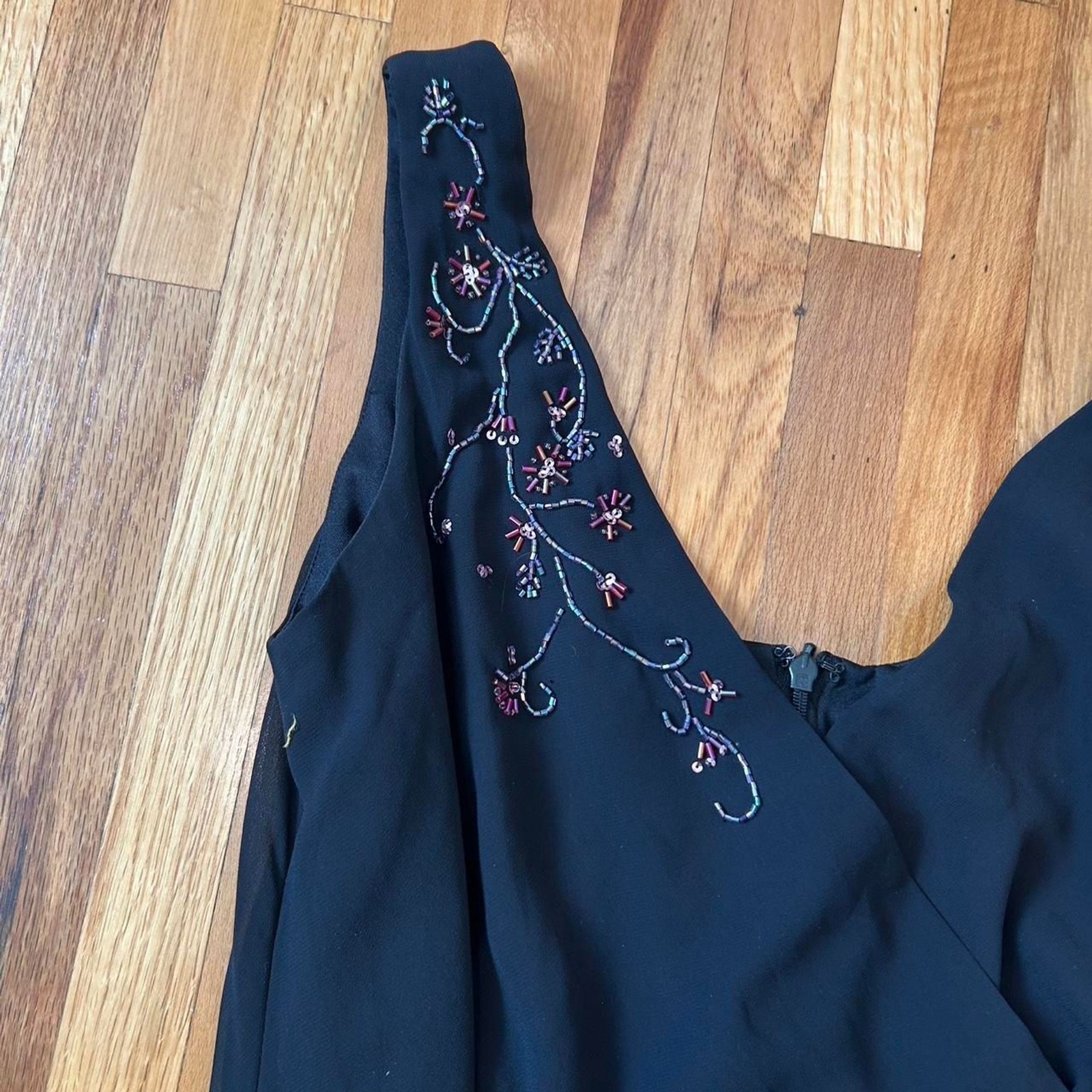 Alex Evenings Vintage Beaded Ruffle Black Maxi Dress Gown Size 10