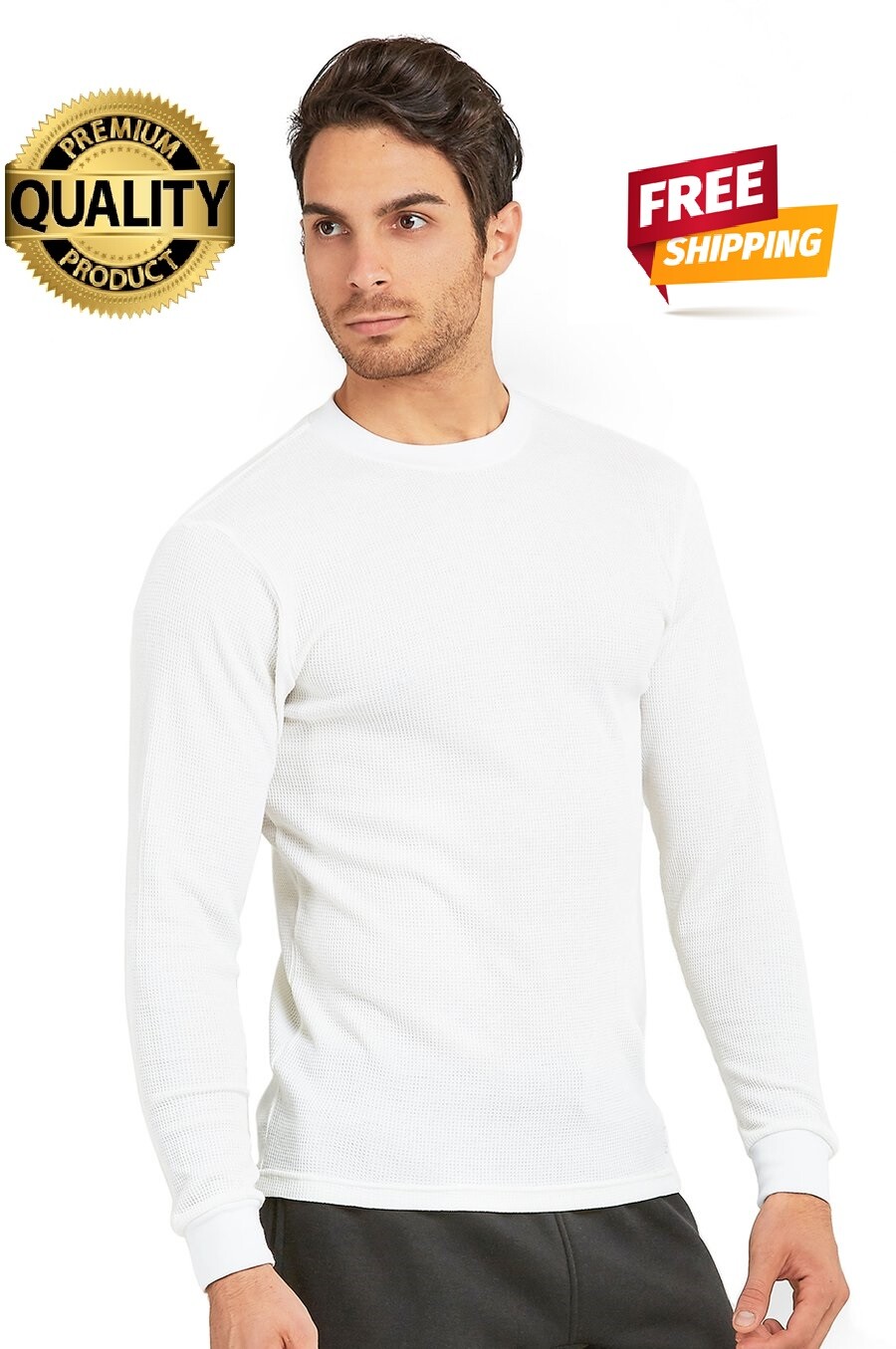 Thermal Shirt COTTON Warm Medium Weight Long Sleeve Crew Neck Waffle Men’s