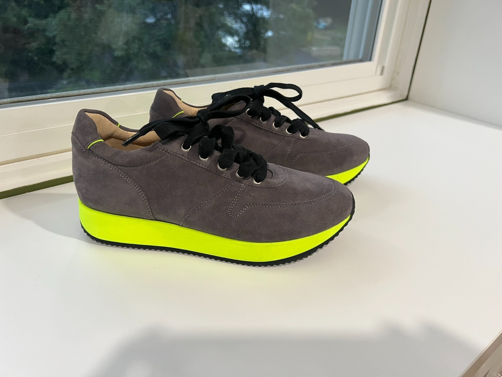 Peter Kaiser Gray Suede Sneakers with Bold Neon Yellow Sole 37 US6-6.5