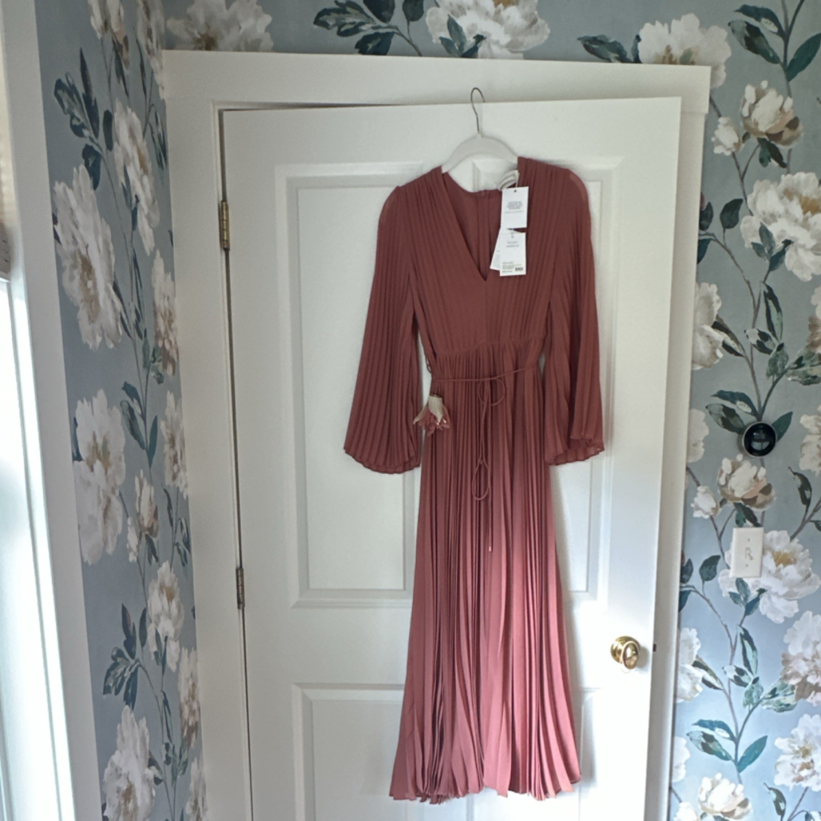 Zimmermann Sunray Terracotta Pleated V-Neck Long Sleeve Midi Dress Zip Size 1