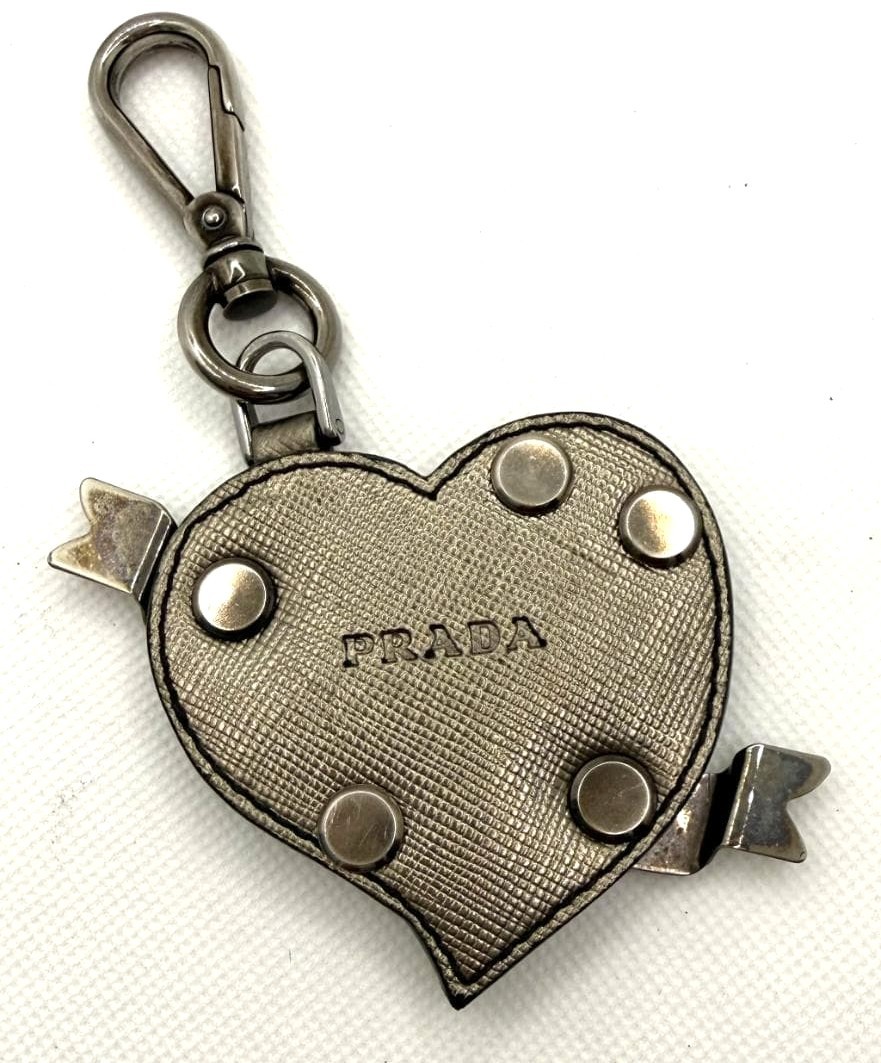 PRADA Heart Charm Key Ring Bag Charm Silver Saffiano Leather Studs 2.8×2.8in.