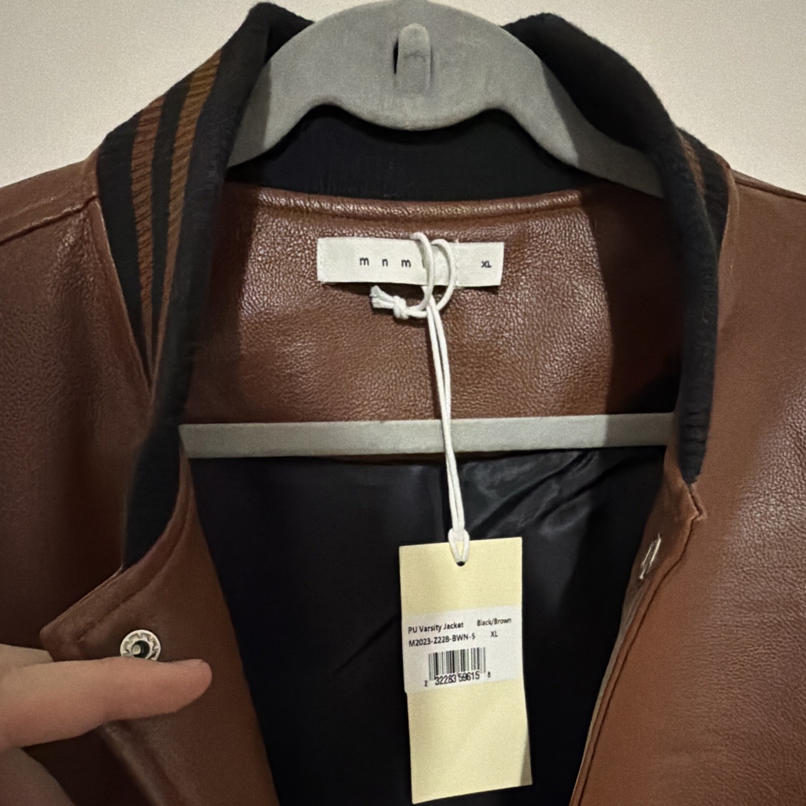 mnm Men’s Varsity Jacket Brown/Black Snap-Button Front Logo Striped XL