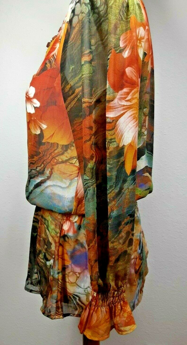 Mushka Sienna Rose Womens Small Embellished Peasant Semi Sheer Chiffon Long Top