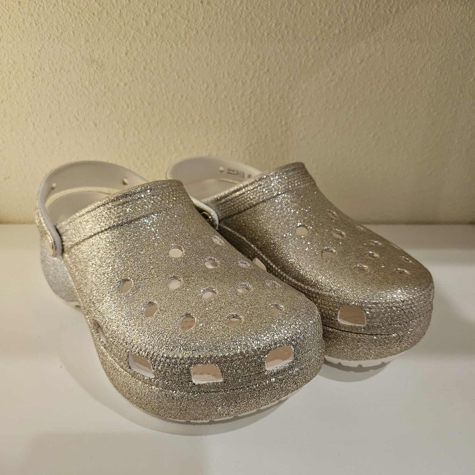 CROCS Classic Platform Silver Glitter Swivel Strap W Size 10 White Sole