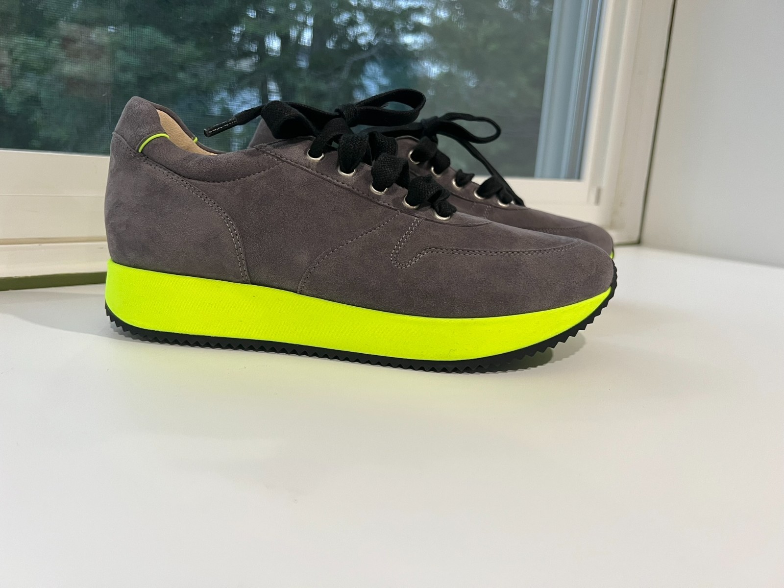 Peter Kaiser Gray Suede Sneakers with Bold Neon Yellow Sole 37 US6-6.5
