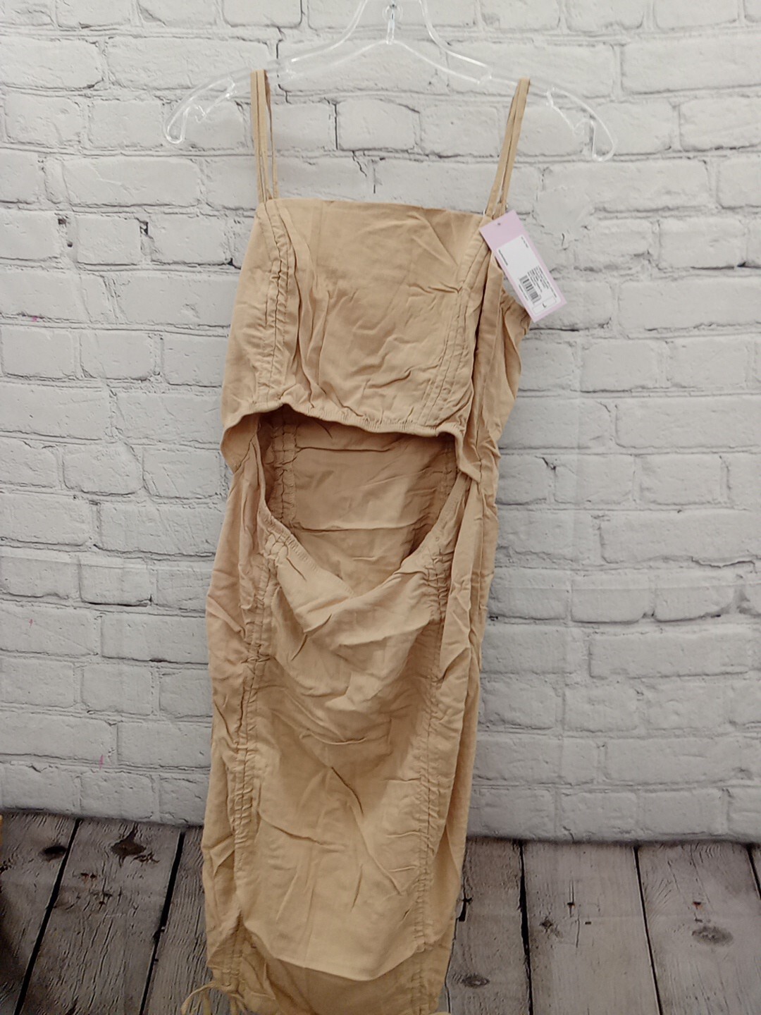 Wild Fable Khaki Spagetti Strap Cut Out Ruched Midi Bodycon Dress Size L