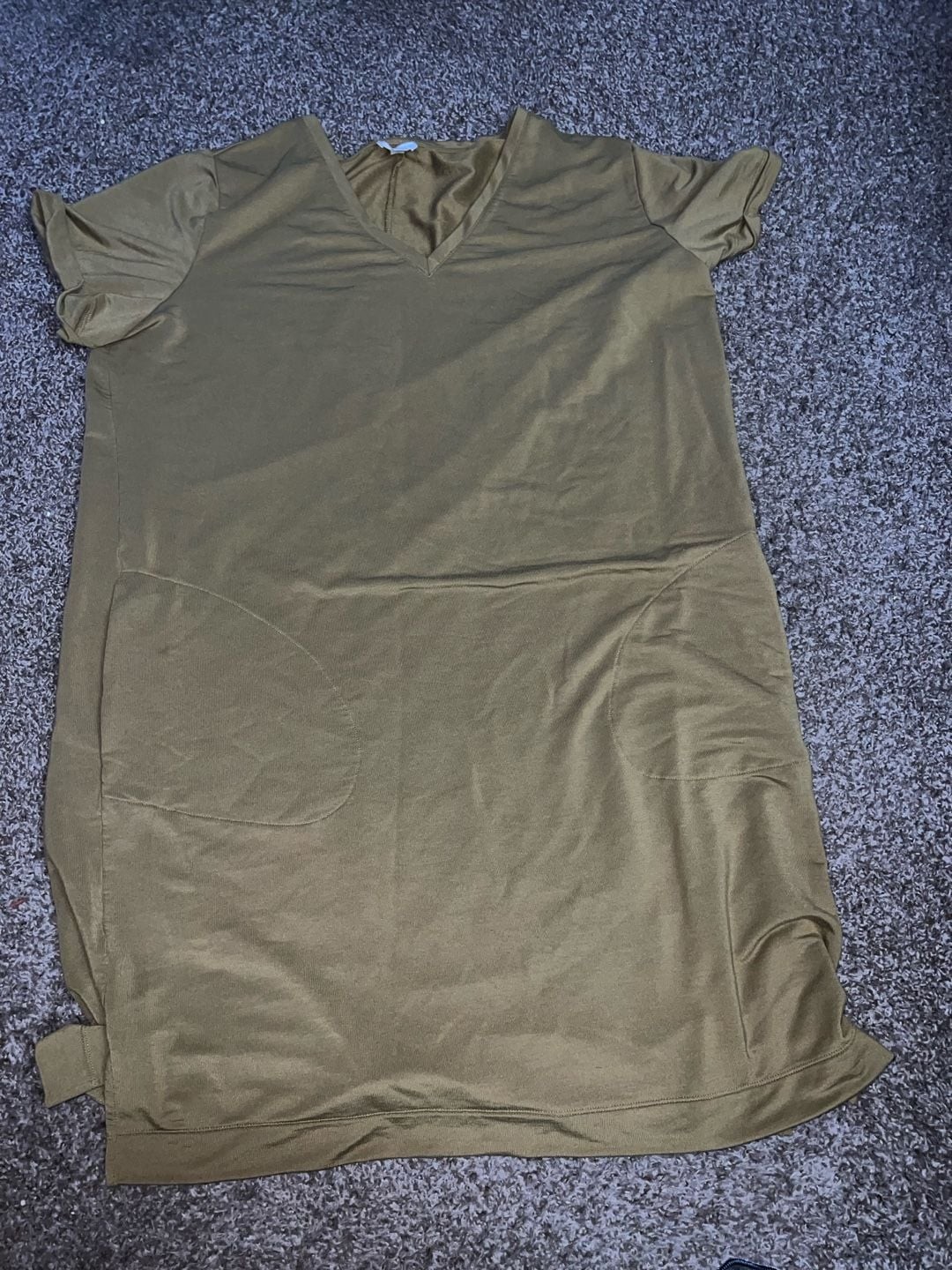 Garnet Hill French Terry V-Neck Pocket T-Shirt Dress Olive Green