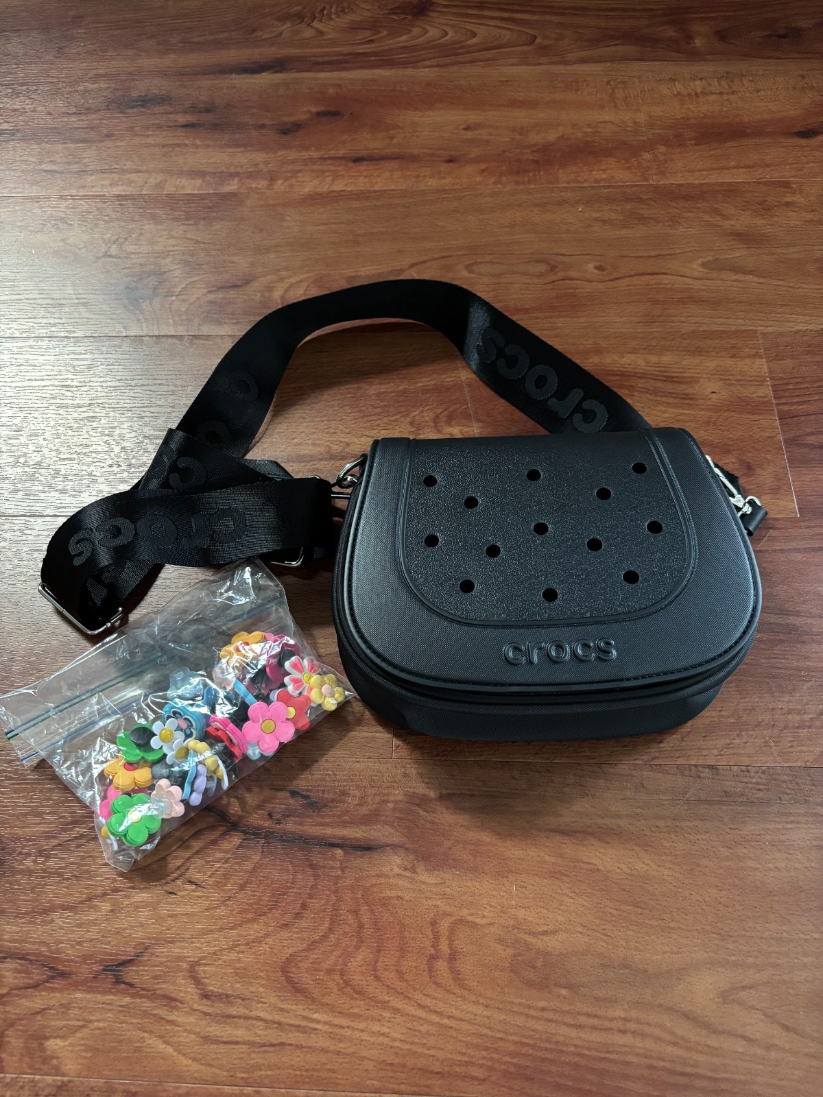 Crocs Black Crossbody with extra flower jibbitzs