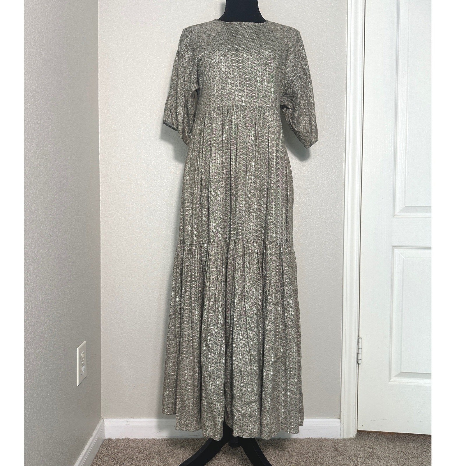 Christy Dawn Theo Midi Dress XS Green Floral Tiered Short Sleeve Deadstock USA