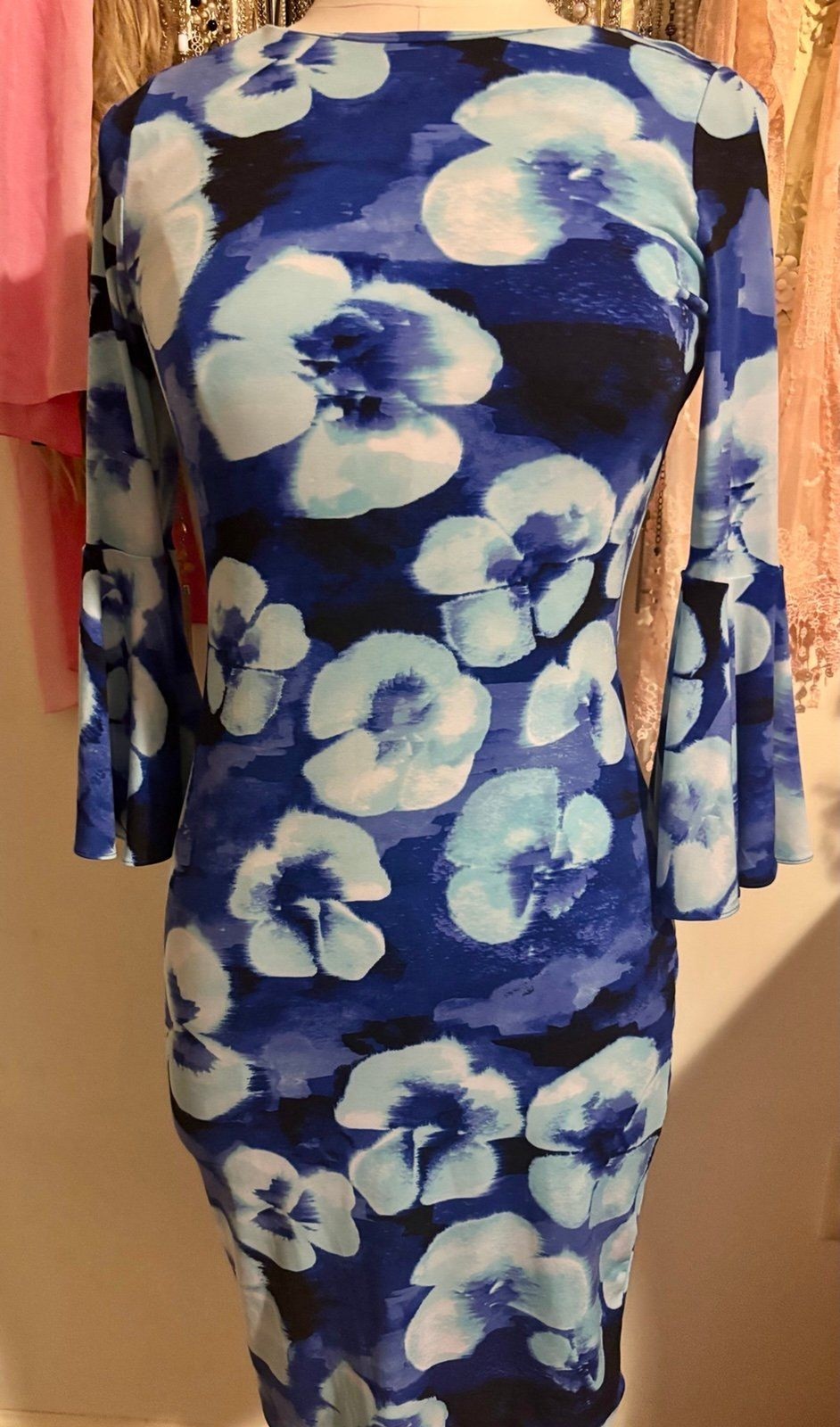 Calvin Klein Blue Watercolor Floral Bell Sleeve Sheath Dress – Size 2
