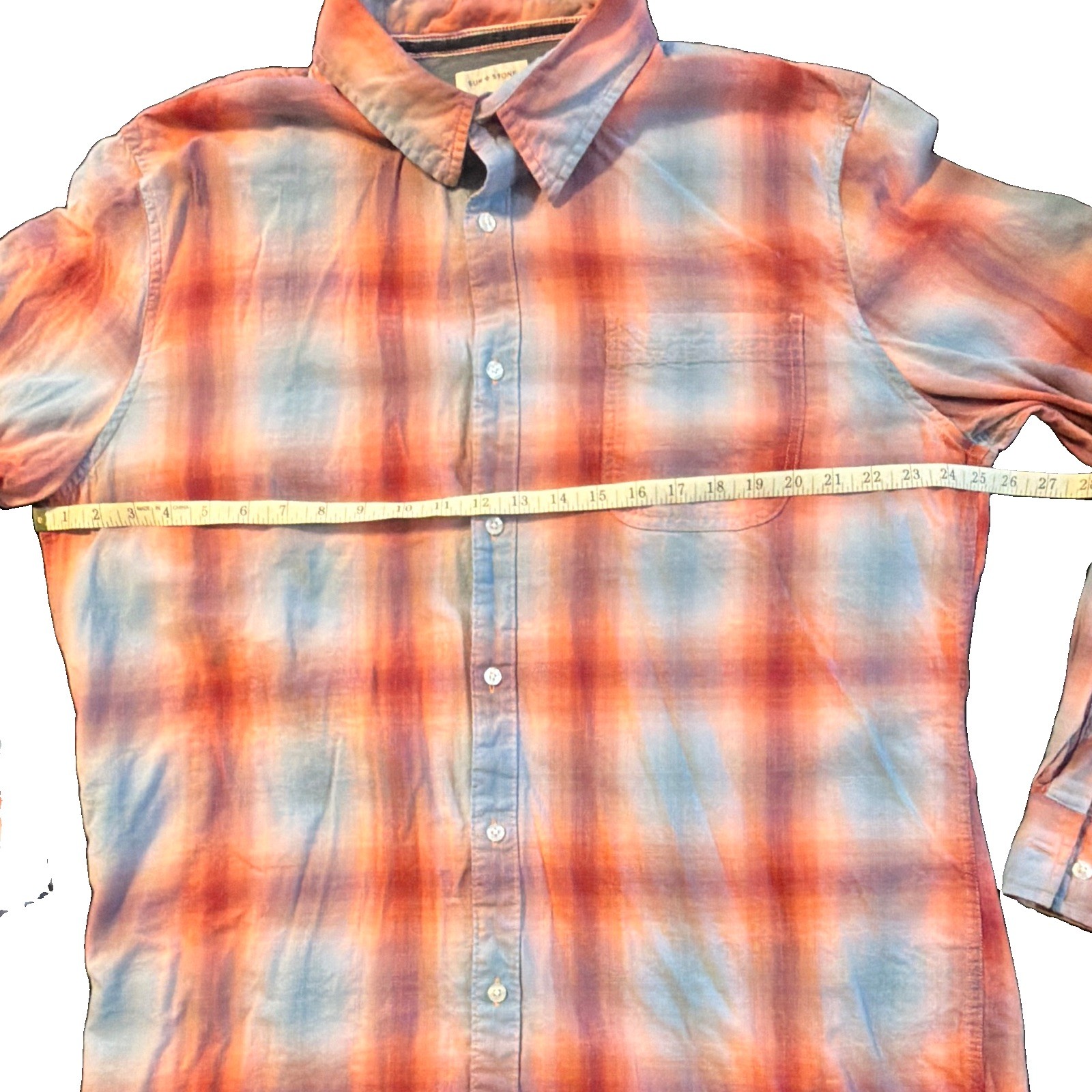 Sun + Stone Regular Fit Blue/Orange Plaid Button-Up Shirt Pockets XXL