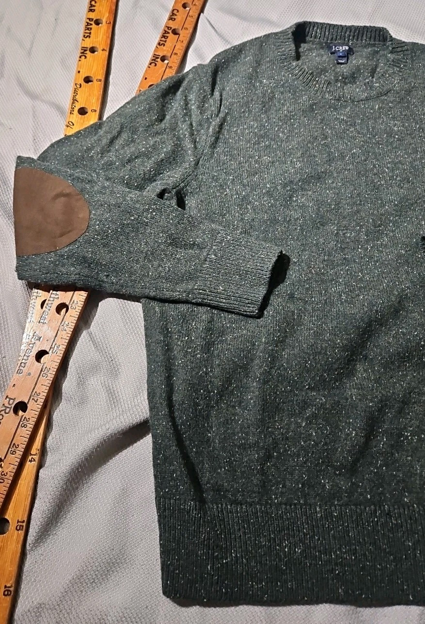 J Crew Sweater Men’s Large Green Ragg LambsWool Fleck Elbow Pad Preppy Grandpa